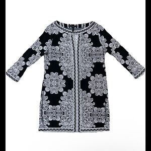 BCBGMaxAzria Sheath Dress Black White Lace Print W/Border Women Sz Large Petite